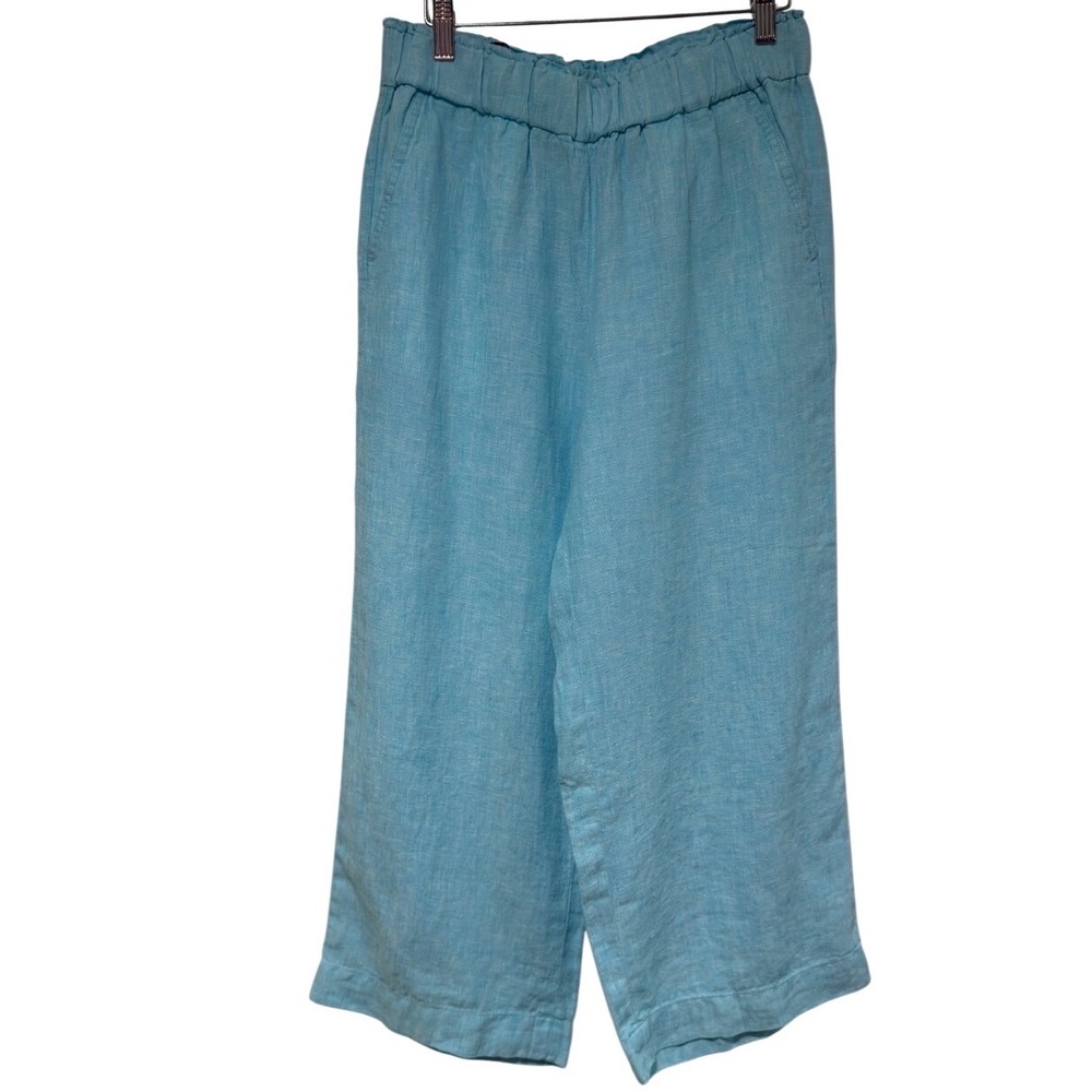 Talbots Nantucket Linen Wide Leg Crop Pants Women's Small Aqua Blue Pull-On